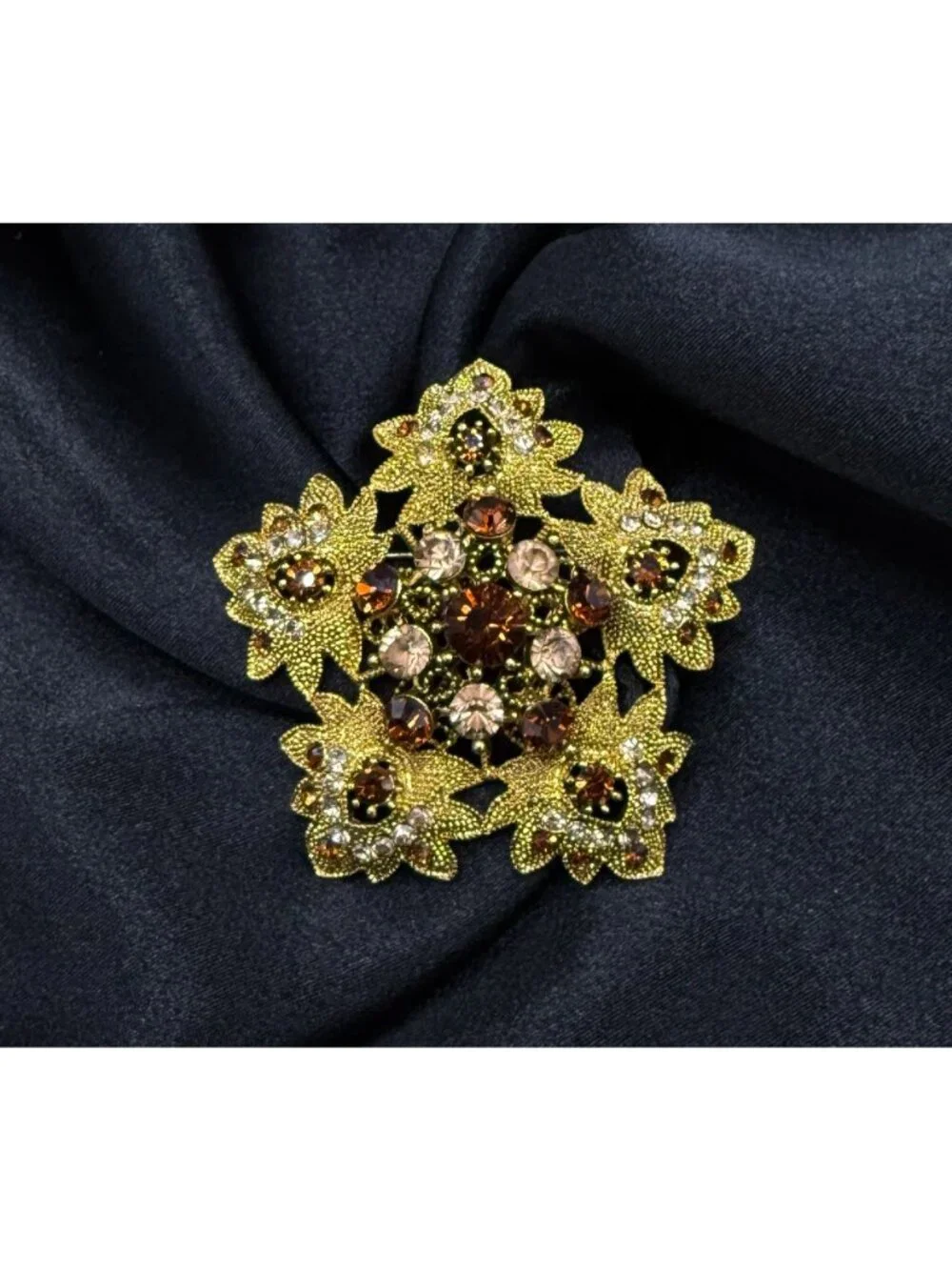 Vintage 1990s Gold Tone Floral Brooch With Amber & Clear Rhinestones